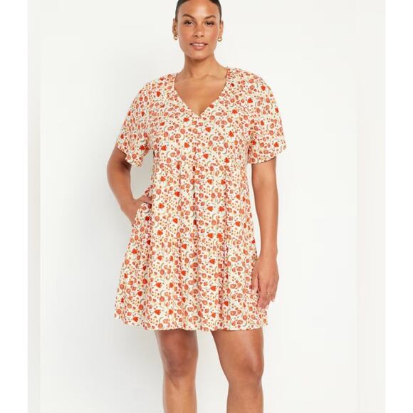 Old Navy Women's 2X Orange Floral Peasant Cottagecore Pockets Tiered Boho - Picture 1 of 6